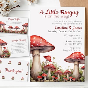 May include: Baby shower invitation set with a whimsical mushroom theme. The invitation features red and white spotted mushrooms with the text "A Little Funguy is on the way!" and details for the event. Includes diaper raffle, baby's library, and thank you cards.