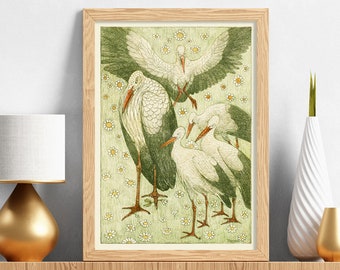 Storch Print, Vogel Wand Kunst Print, Antike Vogel Illustration, Reproduktion Print