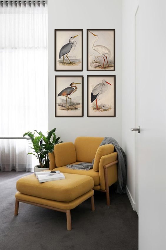 Coastal Birds Print, Bird Wall Decor, Crane Heron Stork, Set of 4 ...