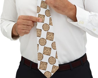 Passover Matzo Neck Tie | All-Over Print | Holiday Gift | Jewish Judaica | Cute Pesach Design | Illustrated Matzah | White