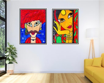 May include: Two colorful paintings of stylized portraits. The painting on the left features a person with red hair and a blue background. The painting on the right features a person with brown hair and a red background.