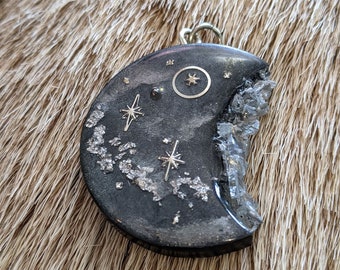Silver Moon Resin Pendant with Quartz Accents  |  Celestial Jewelry