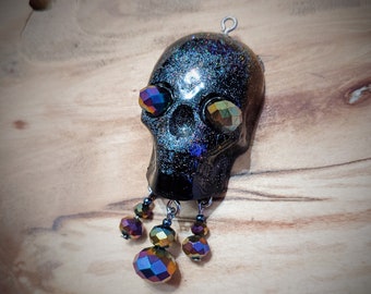 Holographic Black Skull Resin Pendant Necklace  |  Gothic Statement Necklace