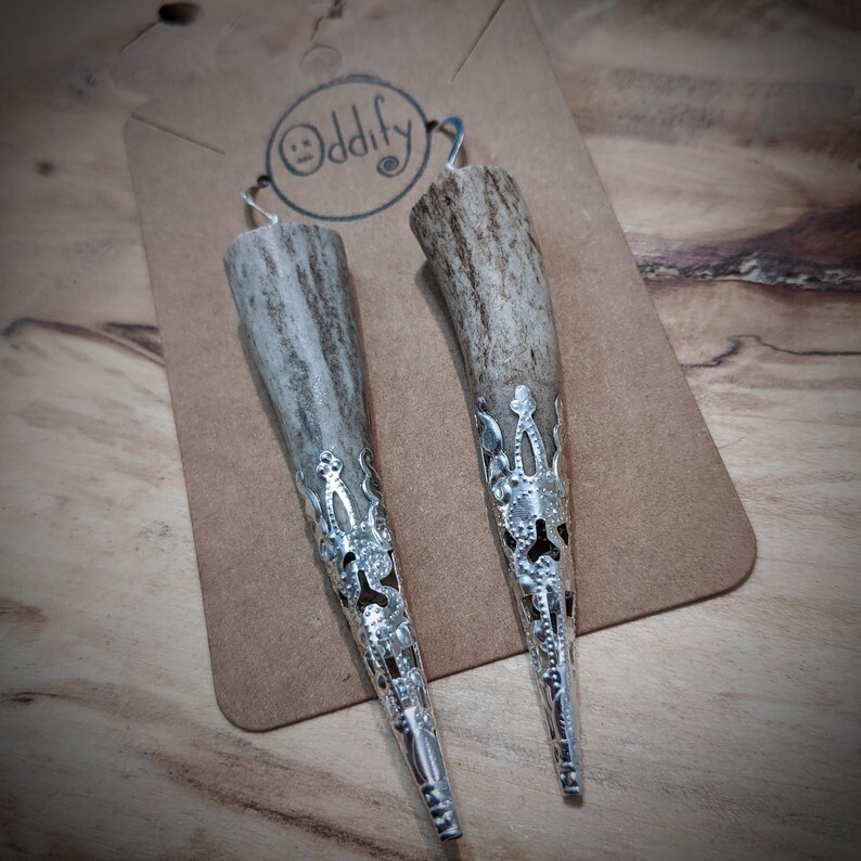 Antler Earrings Silver Filigree Tips Staghorn Jewelry, Witchy Earrings