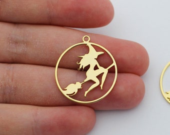 Shiny Gold Plated Witch Charm, Witch on a Broomstick Charm Pendant, Halloween Charms, Gold Plated Jewelry Making Accessories Supplies