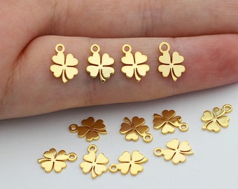 10pcs 7x10mm Tiny Gold Clover Charm, Gold Plated Charms for Bracelet Anklets, Laser Cut Jewelry Making Supplies, Lucky Clover Bracelet Charm