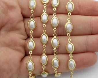 24K Gold Plated Oval Pearl Link Chain, Framed Freshwater Pearl Rosary Chain for Jewelry Making, Necklace and Bracelet Supply by the Foot