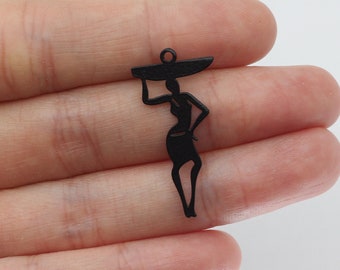 2pcs Black Plated Female Body Charm, African Lady Holding Basket Charm, Artistic Earrings, Black Plated Findings, Jewelry Making Supplies