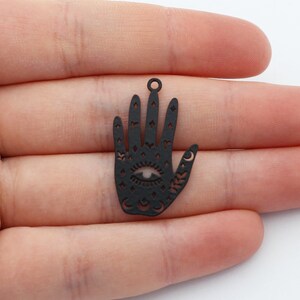 Black Plated Hand Charm, Steel Hand Pendant, Hamsa Charm, Mystical Palmistry Hamsa Hand, DIY Jewelry Supplies, Black Plated Findings