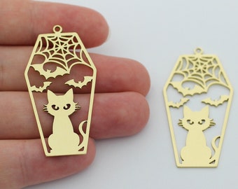 Colgante de ataúd de latón crudo, encanto de pendientes de ataúd de murciélagos y gatos, amuletos de Halloween de latón, componentes de joyería cortados con láser, amuletos a granel