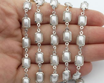 Silver Bezel Set Rectangular Pearl Link Chain, Framed Freshwater Pearl Chain by the Foot for Necklace and Bracelet Jewelry Making