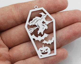 May include: Two white metal Halloween-themed charms shaped like coffins. Each charm features a witch flying on a broomstick with bats and a jack-o-lantern.