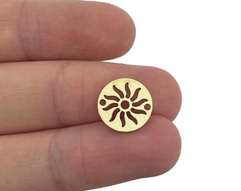 Raw Brass Sun Charm, 10mm Tiny Sun Connector, 2 Hole Sun Bracelet Charm, Disc Sun Connector, Laser Cut Jewelry Making Supplies