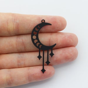 Black Plated Crescent Moon and Stars Charm, Moon Phase Charm Pendant, Laser Cut Celestial Earring Charms, Black Plated Jewellery Components