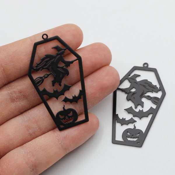 27x47mm Coffin Witch Charm, Halloween Charms, Black Plated Steel Witch Pumpkin Bat Charm, DIY Jewelry Making Supplies