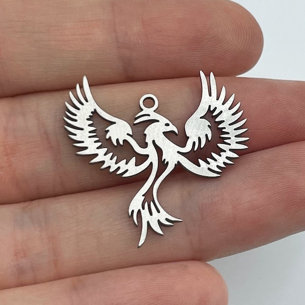 Pendentif à breloque Phoenix en acier inoxydable, breloque oiseau en acier, breloques en acier pour la fabrication de bijoux, fournitures de bijoux bricolage découpées au laser 29x30x0.8mm