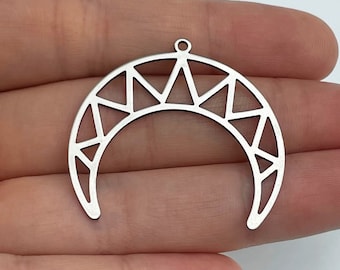 Stainless Steel Moon Charm, Steel Geometric Charms for Jewelry Making, Crown Charm, Surgical Steel Earring Charms Findings 34x37x0.80mm