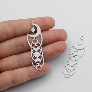 16x51mm Moon Phases Necklace Charm, Crescent Moon Star Charm, Vertical Moon Charm, Earring Findings, Jewelry Making Supplies