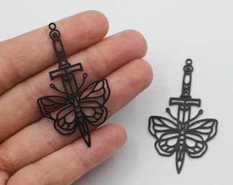 Black Plated Sword Charm, Sword with Moth Charm Pendant, Knife Charm, Charms for Jewelry Making, Earring Charms, DIY Craft Supplies