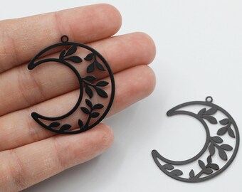 Black Plated Crescent Earring Charms, Steel Moon Leaf Pendant, Floral Crescent Charm, Earrings Finding, Jewelry Making Supplies