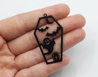 Encanto de ataúd chapado en negro, colgante de encanto de lápida de murciélagos fantasma, encantos de Halloween, componentes de joyería cortados con láser, hallazgos de pendientes