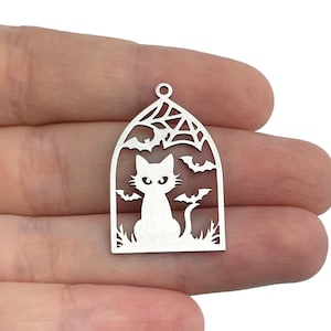 19x30x0.80mm Laser Cut Cat Charms, Steel Cat Bats Spider Web Charm Pendant, Laser Cut Halloween Charms, Steel Domed Charm, Jewelry Supplies