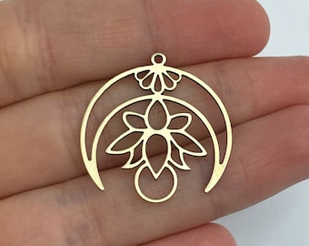 2pcs Raw Brass Crescent Lotus Charm, Brass Lotus Charm, Crescent Moon Pendant, Laser Cut Brass Earring Charms, DIY Jewelry Making Supplies