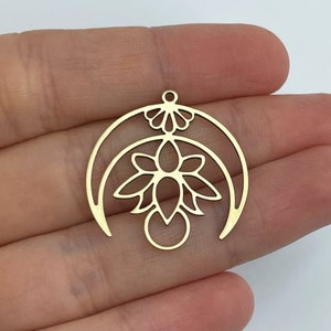 2 Stück Roh Messing Halbmond Lotus Charm, Messing Lotus Charm, Halbmond Anhänger, Laser Cut Messing Ohrring Charms, DIY Schmuck Herstellung Zubehör