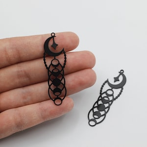 Black Plated Moon Phases Necklace Charm, Crescent Moon Star Charm, Vertical Moon Charm, Earring Findings, Jewelry Making Supplies