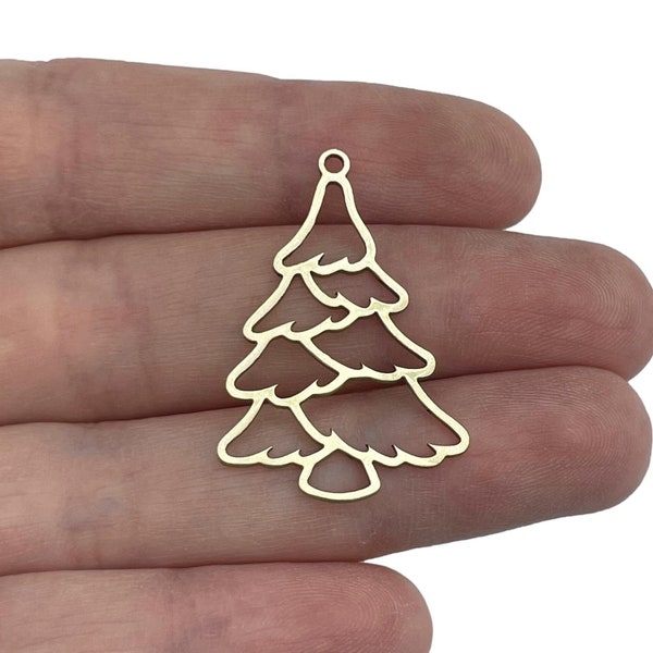 22x33mm Brass Christmas Tree Charm, Raw Brass Jewelry Making Findings, Laser Cut Metal Christmas Charms