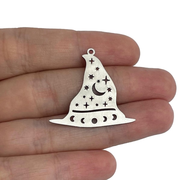 Stainless Steel Magic Witch Hat Charm, Charms For Earrings, Moon Phase and Stars Charm, Halloween Sorting Hat Charm, Halloween Charms