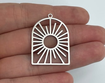 Breloque soleil en acier 24x34mm, breloque soleil dôme en acier inoxydable, pièces de boucle d'oreille en acier, fournitures de fabrication de bijoux découpées au laser, breloque soleil ton argent