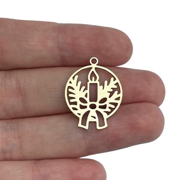 Raw Brass Christmas Candle Charm, Laser Cut Christmas Pendants, Mistletoe Charm, Winter Holiday Charms Findings, Jewelry Making Supplies