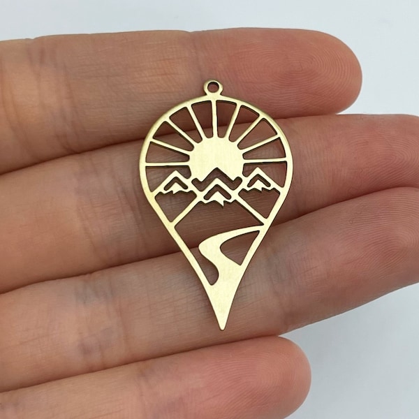 Raw Brass Sun Charm, Brass Sun Pendant, Drop Shaped Sun Charm, Landscape Charm, Laser Cut Charms, Geometric Charms, Jewelry Supplies