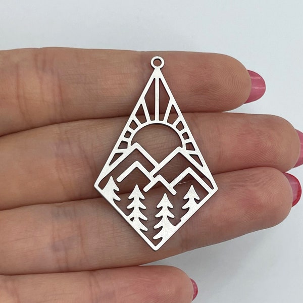 Stainless Steel Rhombus Charm, Steel Sun Trees Mountain Charm, Landscape Charm, Jewelry Components, Laser Cut Earring Charms 26x43x0.80mm