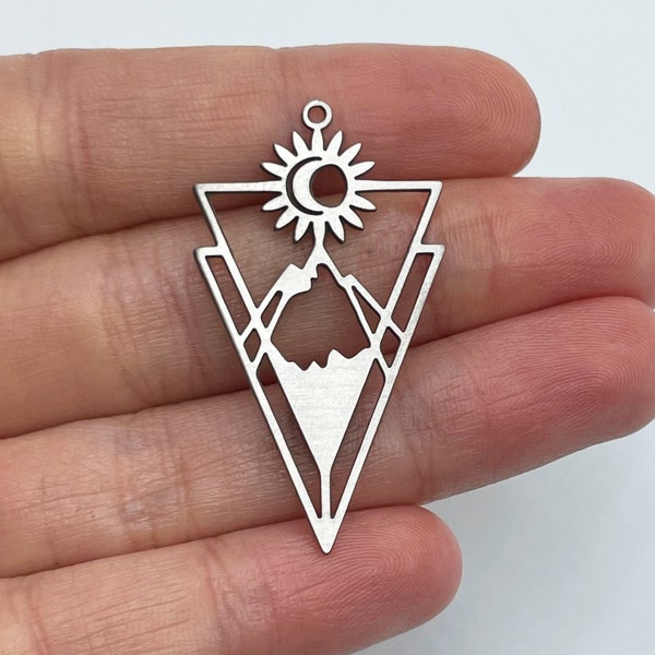 Stainless Steel Triangle Charm, Steel Sun Moon Mountain Charm, Landscape Charm, Jewelry Components, Laser Cut Earring Charms 23x41x0.8