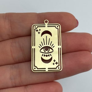 Amuleto de cartão de tarô de latão cru, pingente de cartão, pingente de cartão de terceiro olho de fases da lua, amuleto celestial de bruxaria, suprimentos de joias cortadas a laser