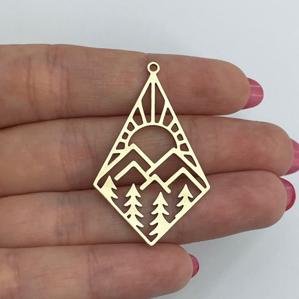 Raw Brass Rhombus Charm, Brass Sun Trees Mountain Charm, Landscape Charm, Jewelry Components, Laser Cut Earring Charms 26x43x0.80mm