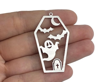 Laser Cut Stainless Steel Coffin Charm, Ghost Bats Gravestone Charm Pendant, Halloween Charms, Laser Cut Jewelry Making Supplies