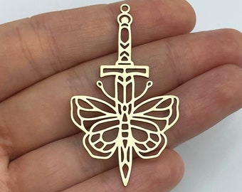 Raw Brass Sword Charm, Sword with Moth Charm Pendant, Brass Knife Charm, Brass Charm Earrings, Laser Cut Charms, Brass Findings