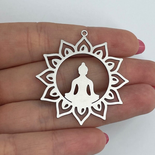 Stainless Steel Buddha Charm, Buddha with Flower Charm Pendant, Yoga Charms, Meditation Charm, Earring Findings Necklace Charms 40x43x0.8mm