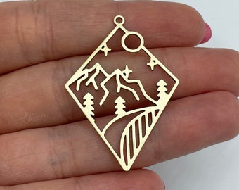 Raw Brass Rhombus Charm, Brass Sun Trees Mountain Charm, Landscape Charm, Jewelry Components, Laser Cut Earring Charms 30x42x0.80mm
