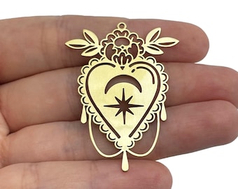 35x47mm Brass Heart Charm, Heart Leaf Moon and Star Charm, Laser Cut Jewelry Making Supplies, Raw Brass Earring Charms Pendants