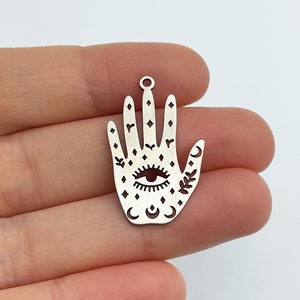 Stainless Steel Hand Charm, Third Eye Hand Pendant, Steel Hamsa Charm, Mystical Celestial Charms, Palmistry Hamsa Hand, DIY Jewelry Supplies