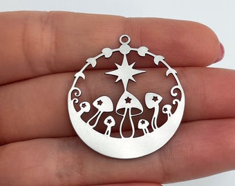 2x Stainless Steel Mushroom Charm, Steel Moon Phases Mushroom Pendant, Fairy Mushroom Charm, Star Mushroom Charm, Laser Cut Jewelry Supplies