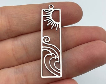 Stainless Steel Rectangle Bar Charm, Steel Sun and Waves Charm, Steel Rectangle Pendant, Steel Earring Findings, Jewelry Making Supplies