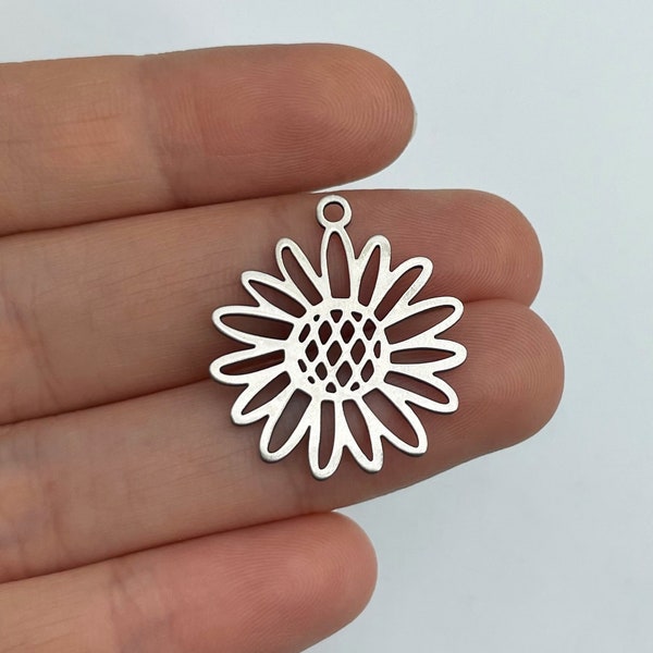 Stainless Steel Sunflower Earring Charm, Filigree Sunflower Pendant Charm, Flower Charm, Steel Earring Findings, Jewelry Making Supplies