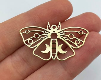 Brass Moth Earring Charms, Raw Brass Moth Pendant, Crescent Moon Charm Pendant, Laser Cut Brass Earring Charms, DIY Jewelry Making Supplies