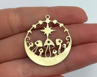 2x Raw Brass Mushroom Charm, Brass Moon Phases Mushroom Pendant, Fairy Mushroom Charm, Star Mushroom Charm, Laser Cut Jewelry Supplies