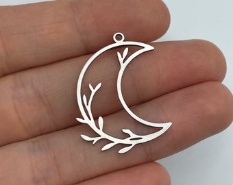 Stainless Steel Crescent Earring Charms, Steel Moon Branches Pendant, Floral Crescent Charm, Steel Earrings Finding, Jewelry Making Supplies